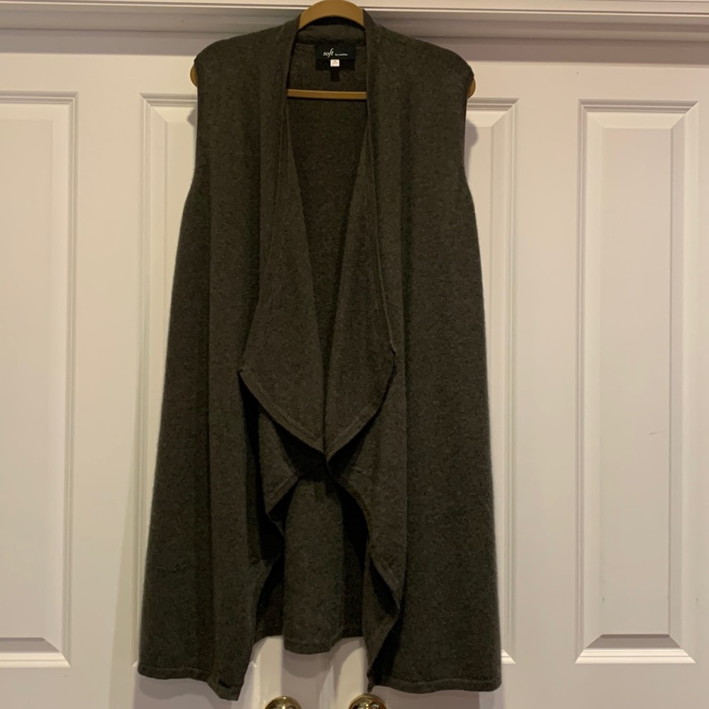Soft by Naadam 100% Cashmere Cascade Front Long Vest Olive 1X, EUC